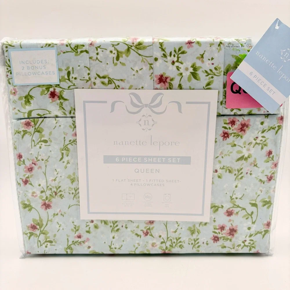 Nanette Lepore Queen 6 Piece Sheet Set Blue Floral Print Coquette Rosettes